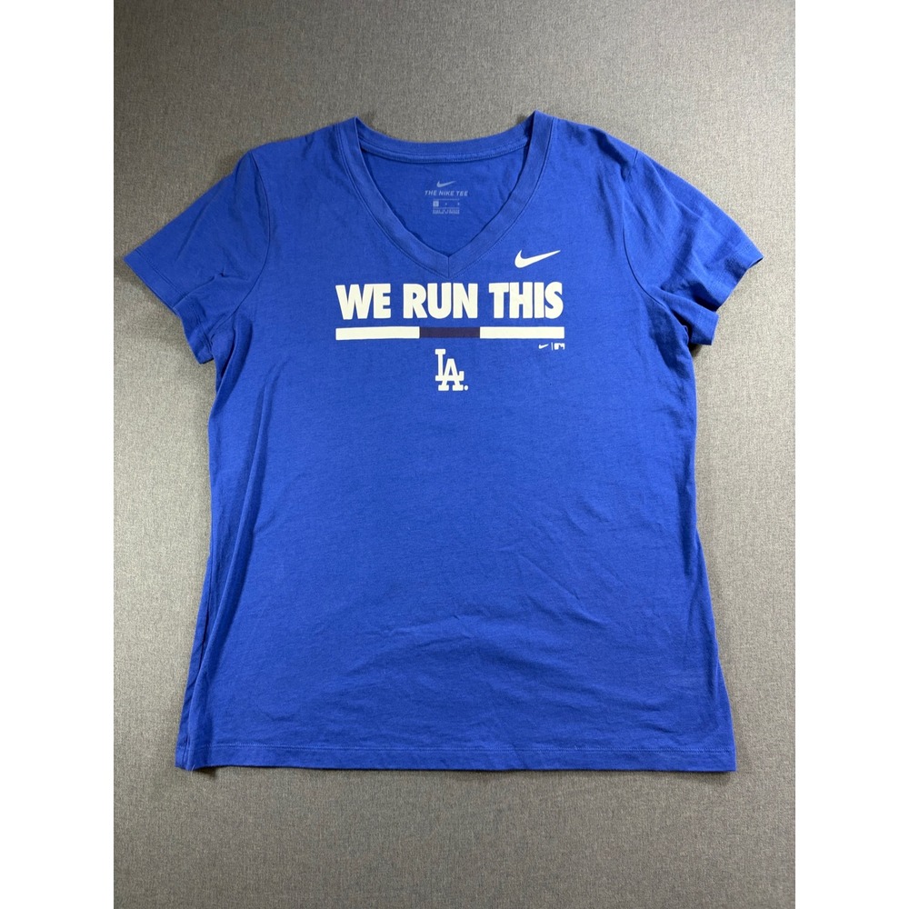Nike Los Angeles Dodgers We Run This V-Neck T-Shirt Blue Womens Large